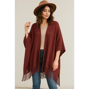 Max‎ Edition Maroon Fringe Knit Poncho Cardigan Womens OS Boho Hippie Western